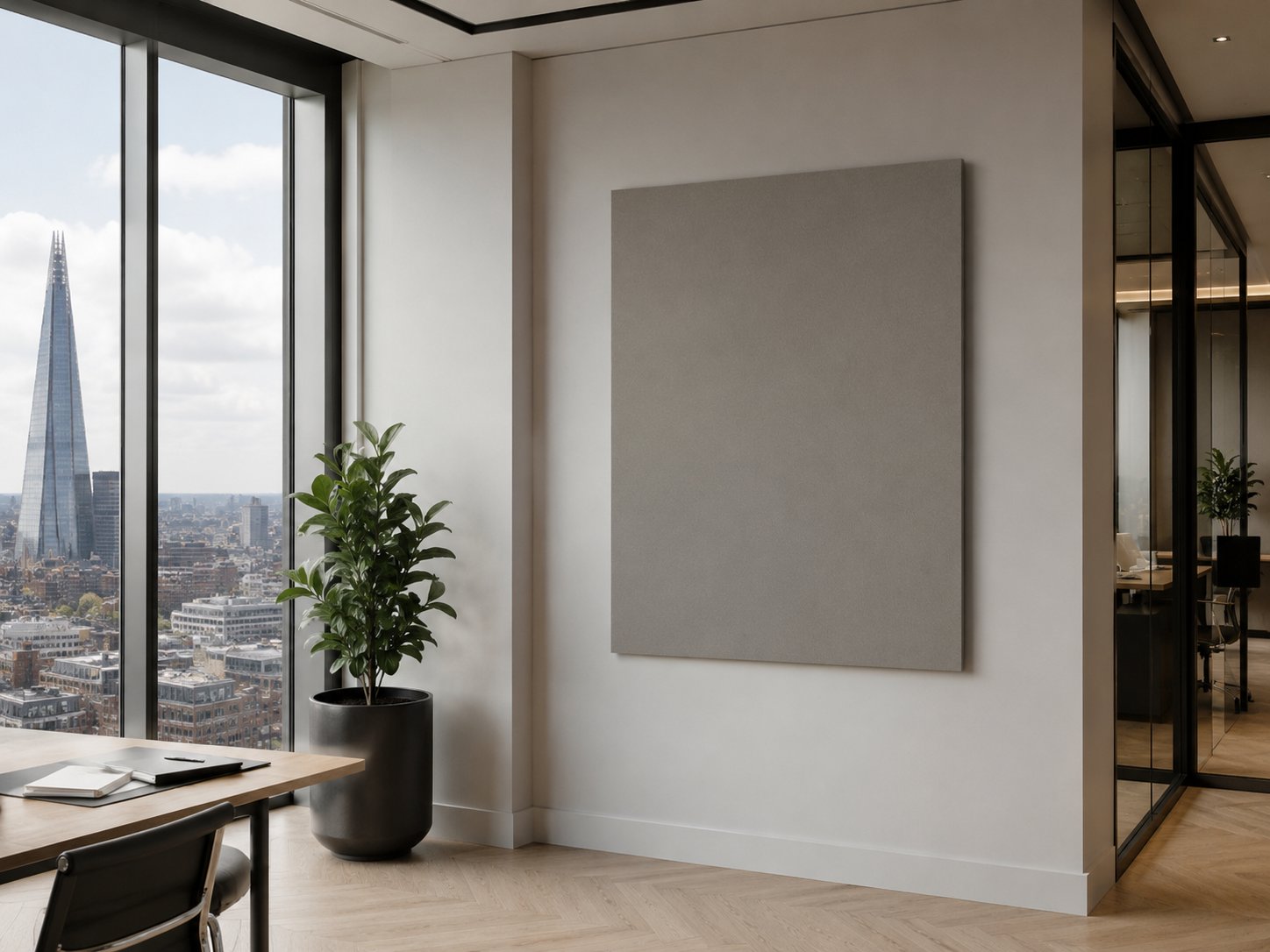 AIR Cork Frameless Cork Board in London office with Shard view