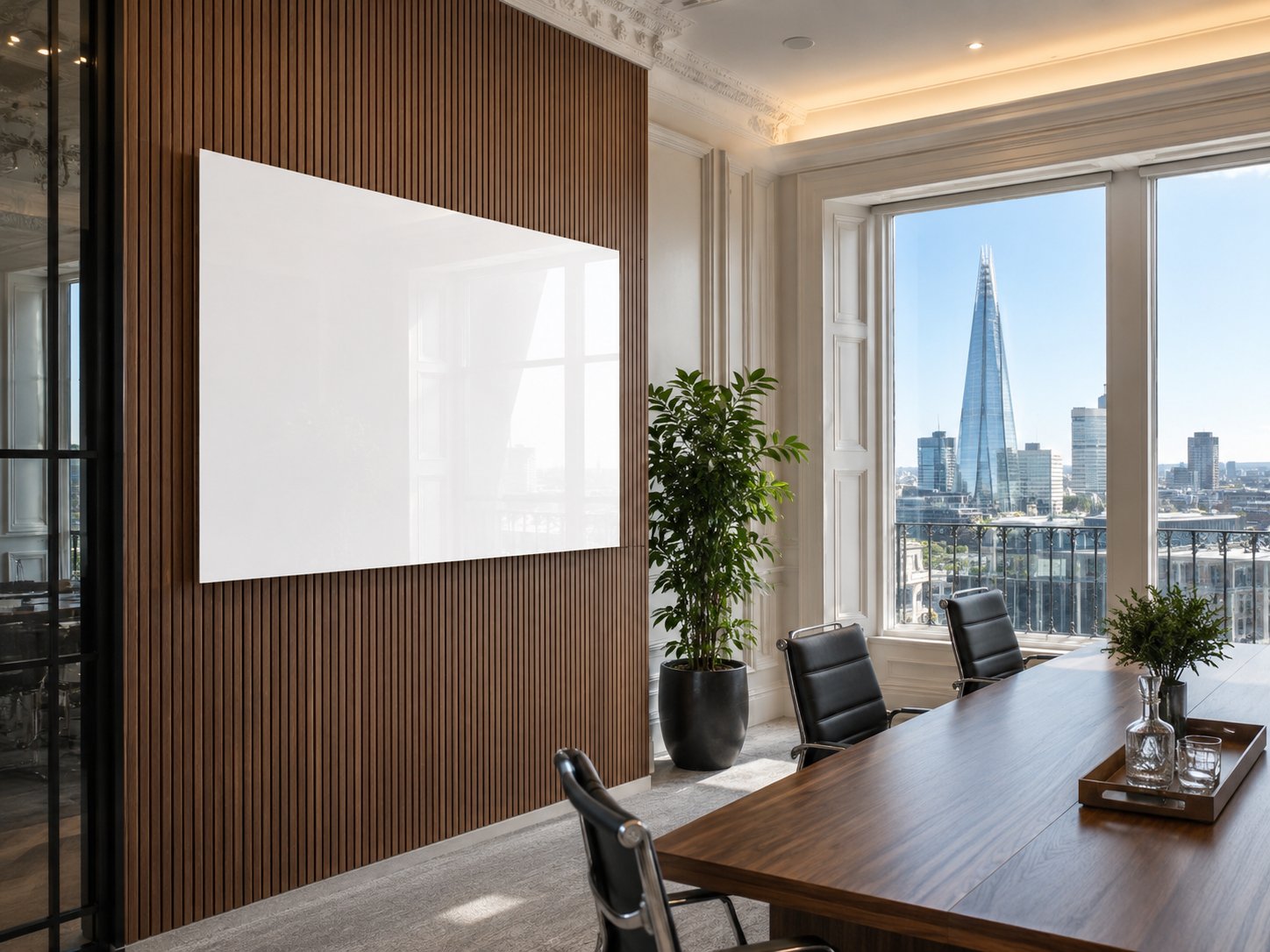 Casca Satin White Magnetic Glass Board in London office with Shard view