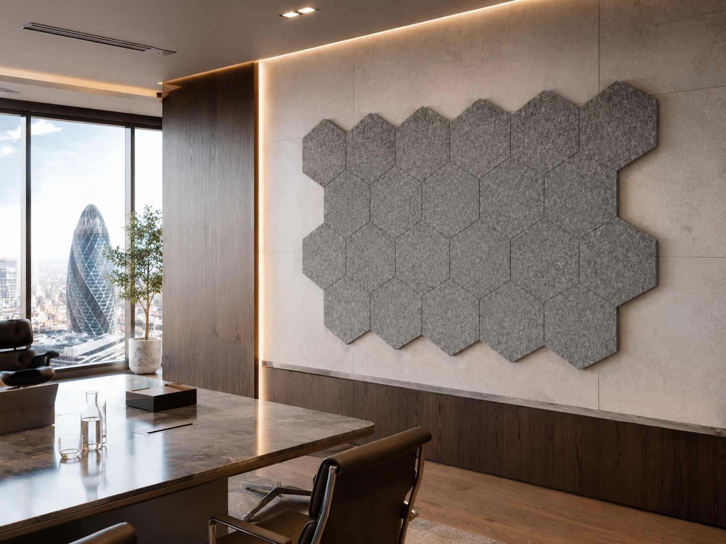 Smit Visual acoustic hexagon wall tiles in London office with Gherkin view